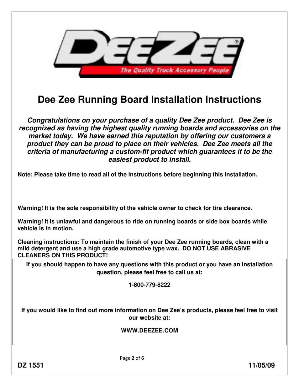 Dee zee running board installation instructions | Dee Zee DZ1551 User Manual | Page 2 / 6