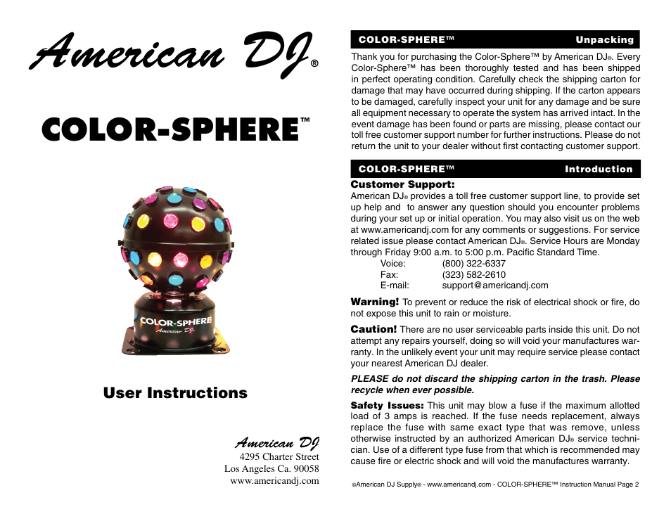 American DJ Color-Sphere User Manual | 4 pages