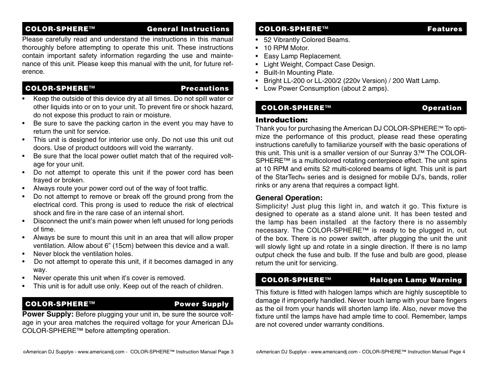 American DJ Color-Sphere User Manual | Page 2 / 4