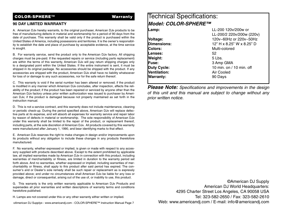 Technical specifications, Model: color-sphere | American DJ Color-Sphere User Manual | Page 4 / 4