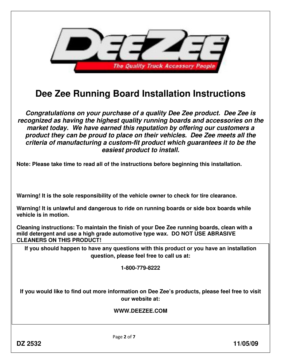 Dee zee running board installation instructions | Dee Zee DZ2541 User Manual | Page 2 / 7