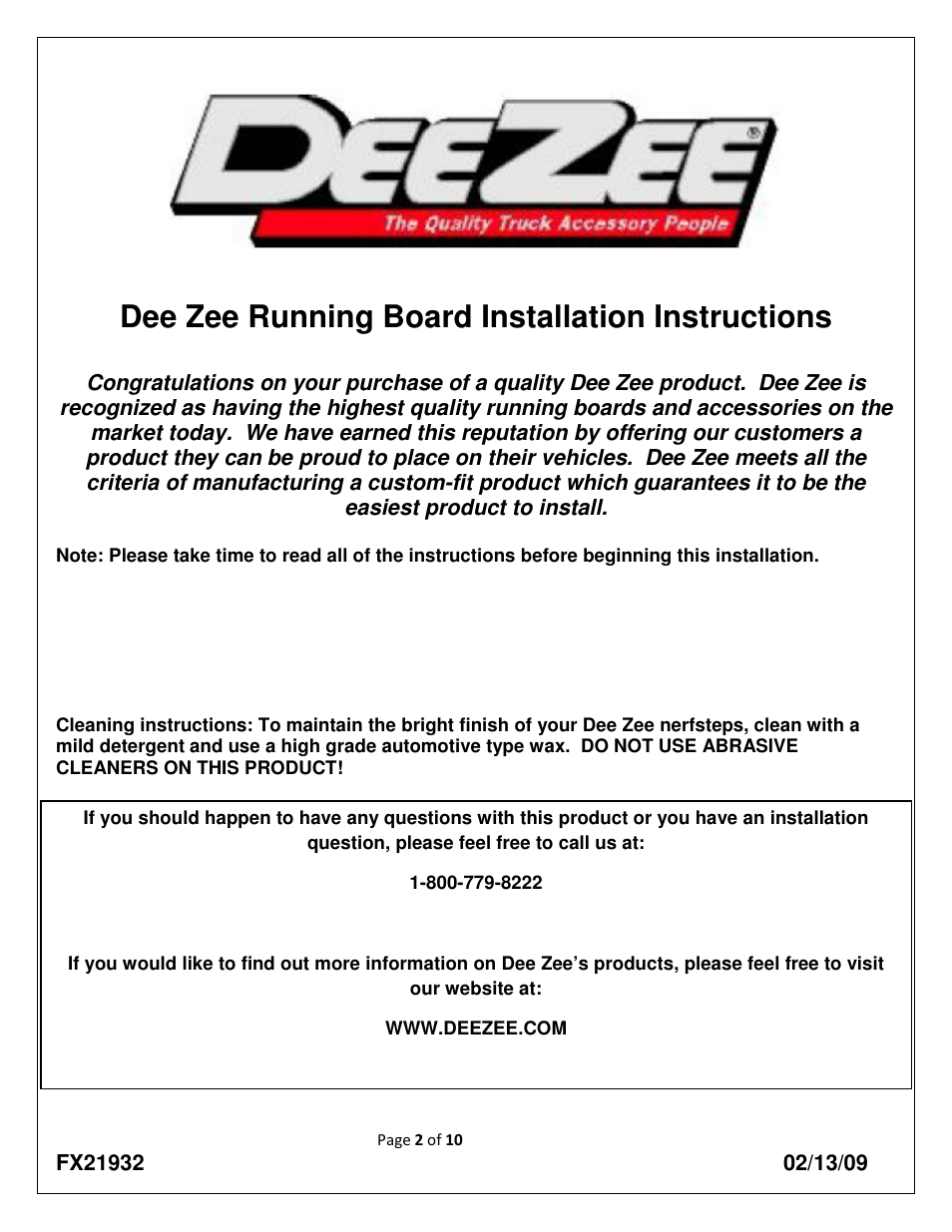 Dee zee running board installation instructions | Dee Zee FX21332 User Manual | Page 2 / 10