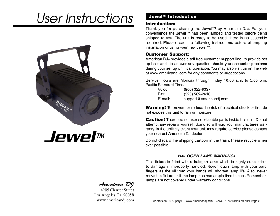 American DJ Jewel User Manual | 2 pages