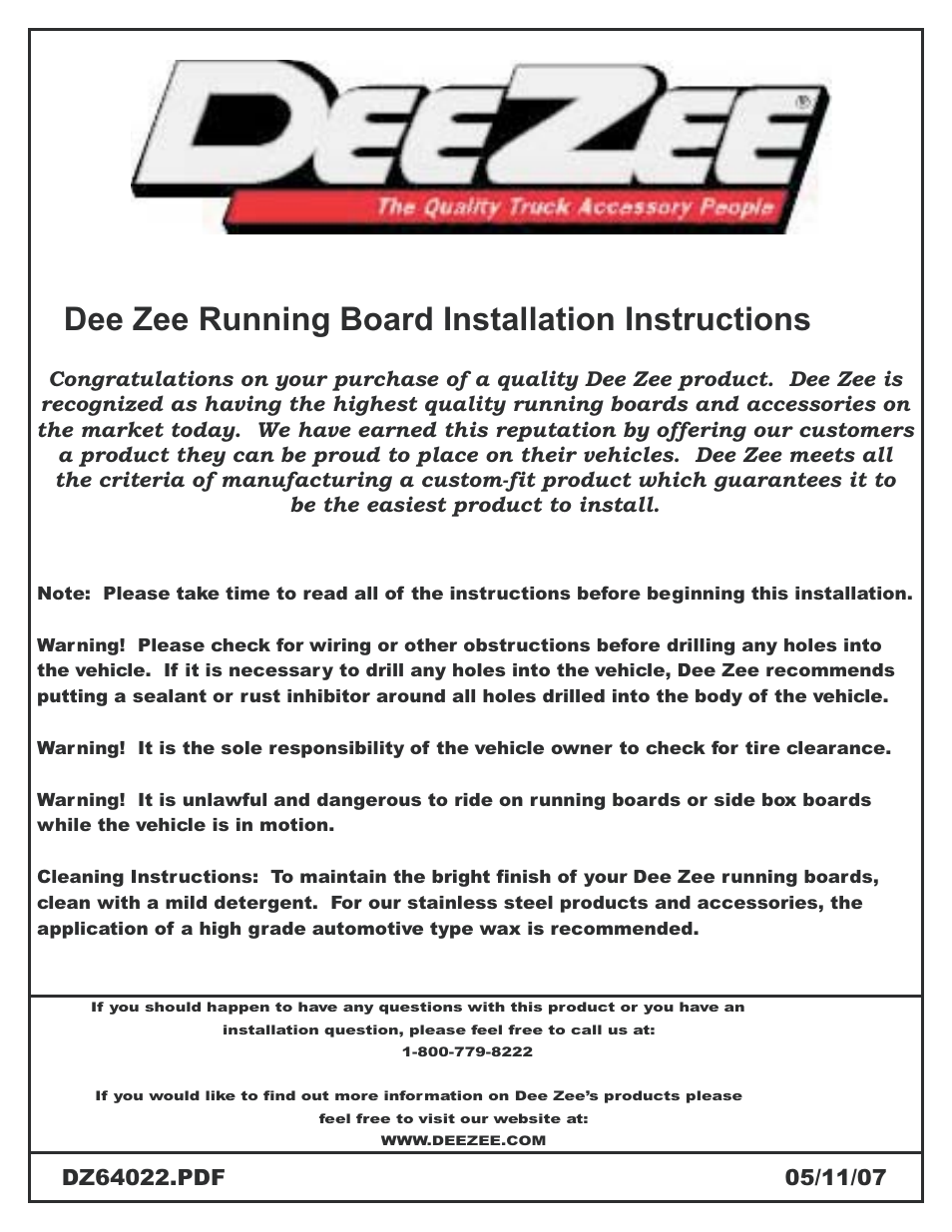 Dee zee running board installation instructions | Dee Zee DZ64022 User Manual | Page 2 / 7