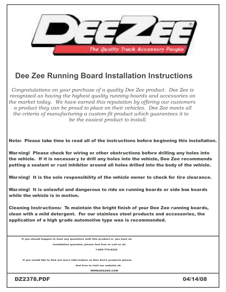 Dee zee running board installation instructions | Dee Zee DZ1361 User Manual | Page 2 / 11