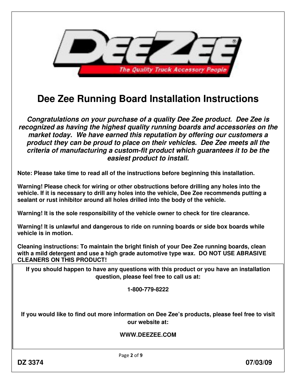 Dee zee running board installation instructions | Dee Zee DZ3374 User Manual | Page 2 / 9