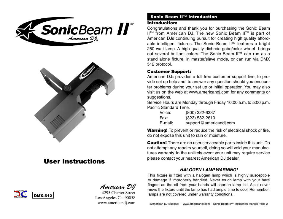 American DJ Sonic Beam II User Manual | 8 pages