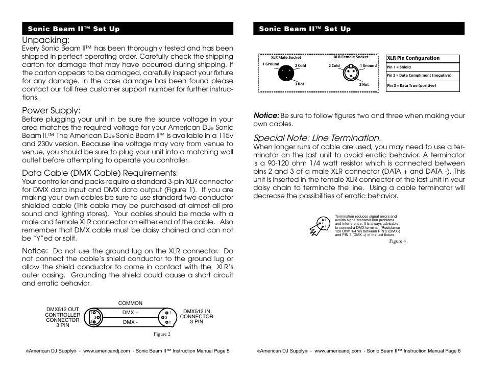 Unpacking, Power supply, Data cable (dmx cable) requirements | Notice, Sonic beam ii.™ the american dj, Sonic beam ii, Sonic beam ii™ set up | American DJ Sonic Beam II User Manual | Page 3 / 8