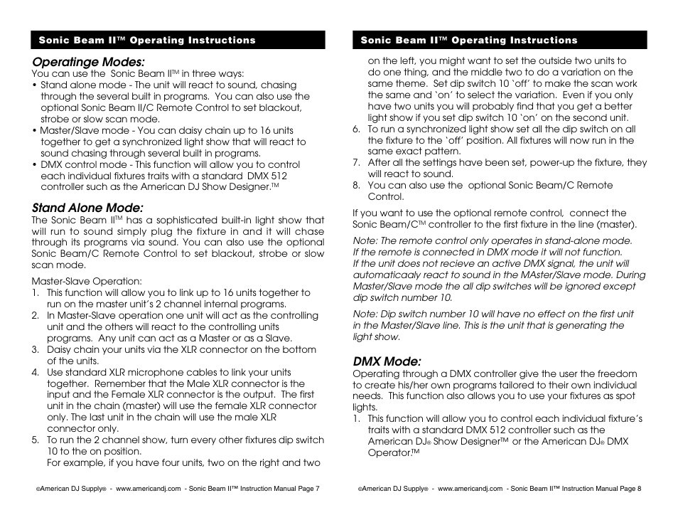 Operatinge modes, Stand alone mode, Dmx mode | American DJ Sonic Beam II User Manual | Page 4 / 8