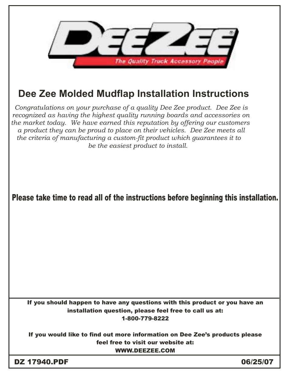 Dee zee molded mudflap installation instructions | Dee Zee DZ17940 User Manual | Page 2 / 6