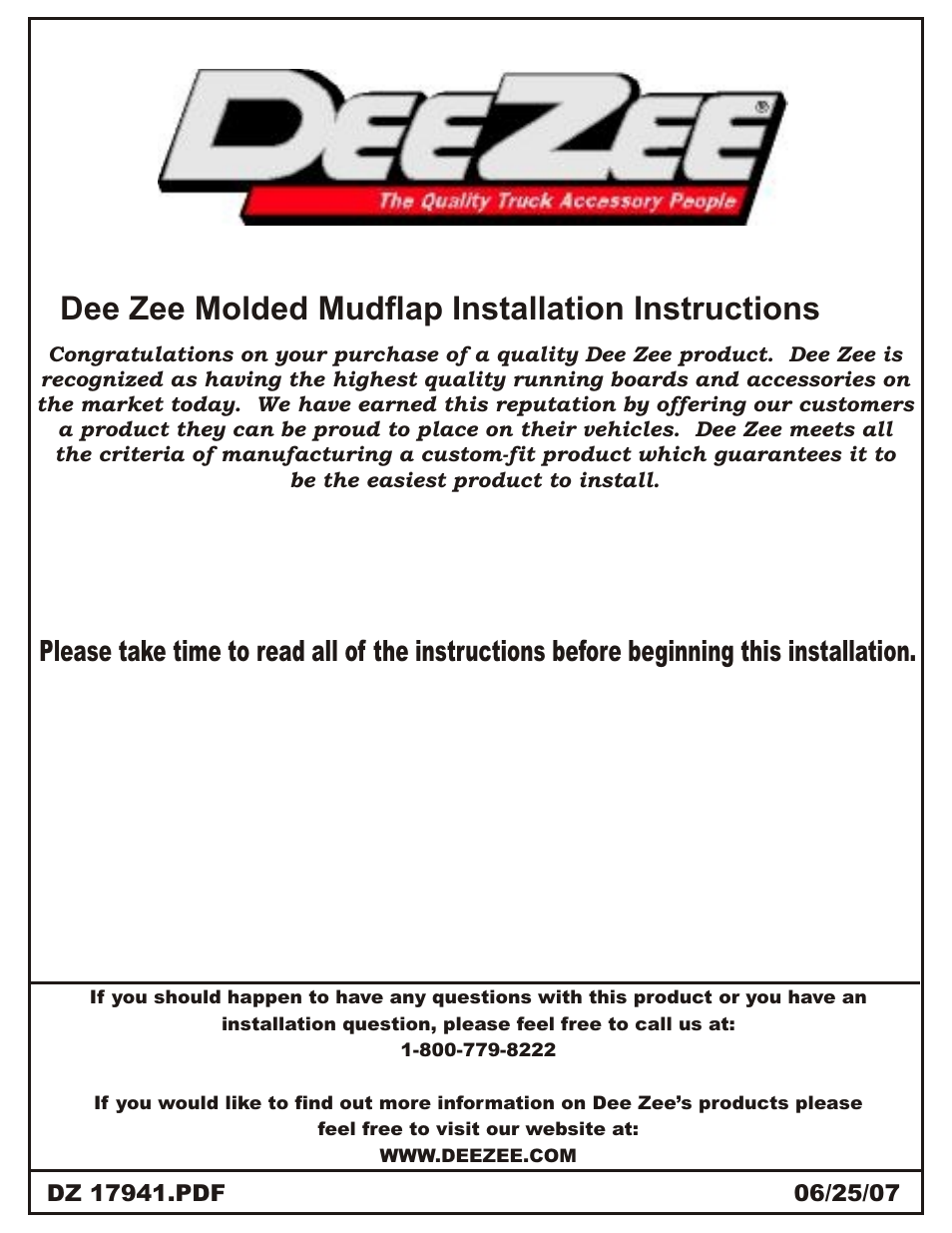 Dee zee molded mudflap installation instructions | Dee Zee DZ17941 User Manual | Page 2 / 4