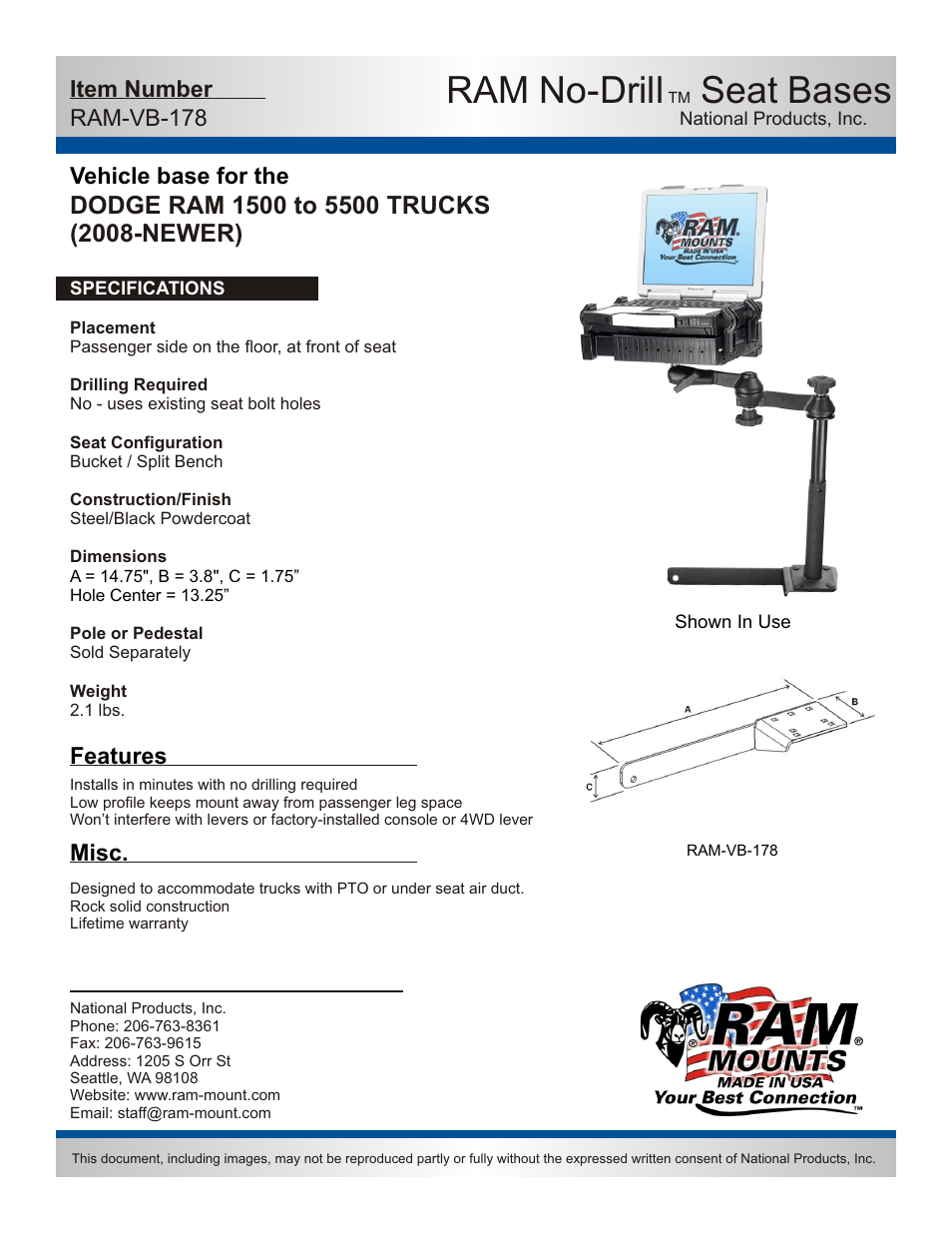 Dee Zee RAM-VB-178-SW1 User Manual | 2 pages