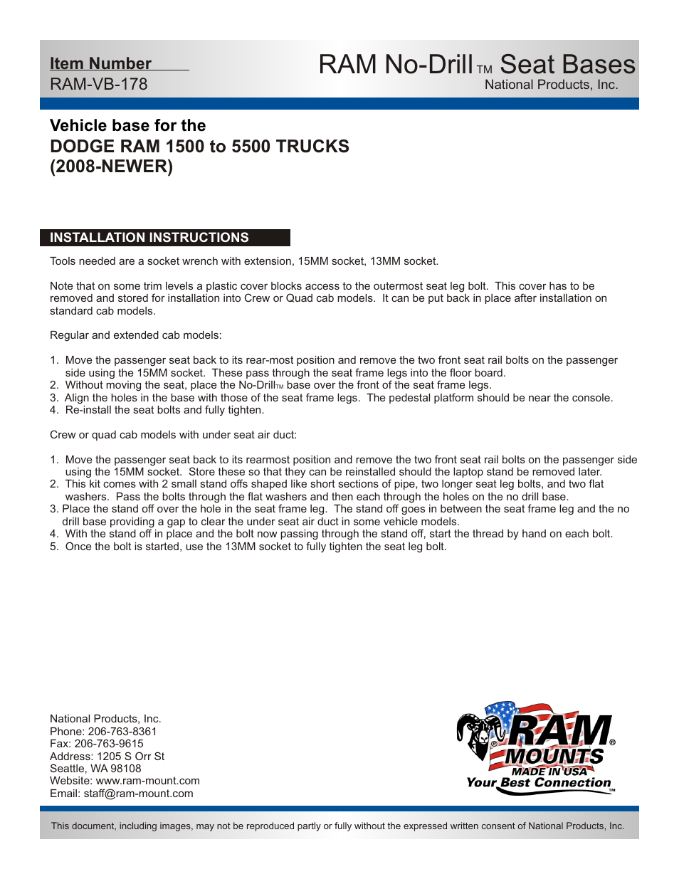 Ram no-drill, Seat bases, Vehicle base for the | Item number ram-vb-178 | Dee Zee RAM-VB-178-SW1 User Manual | Page 2 / 2