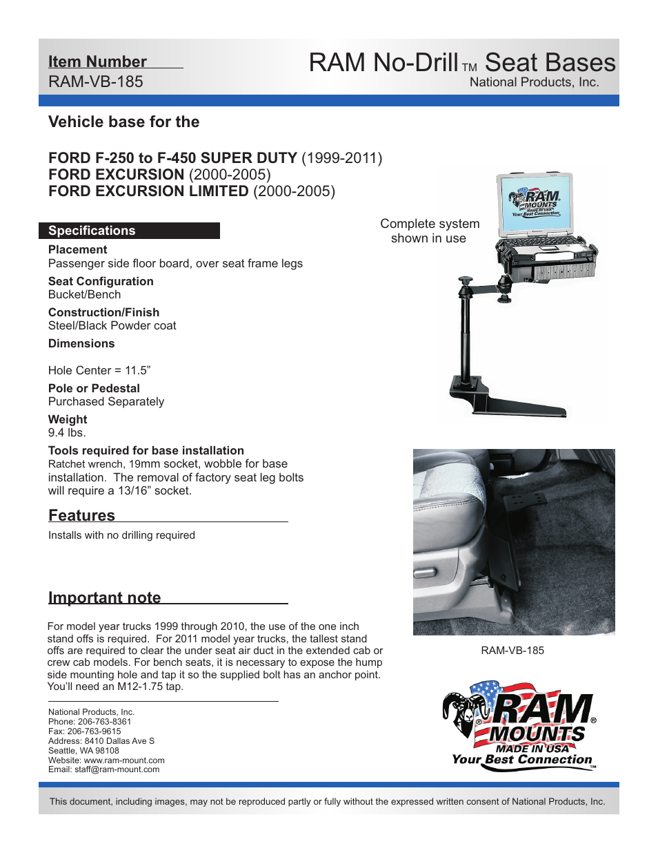 Dee Zee RAM-VB-185-SW1 User Manual | 2 pages