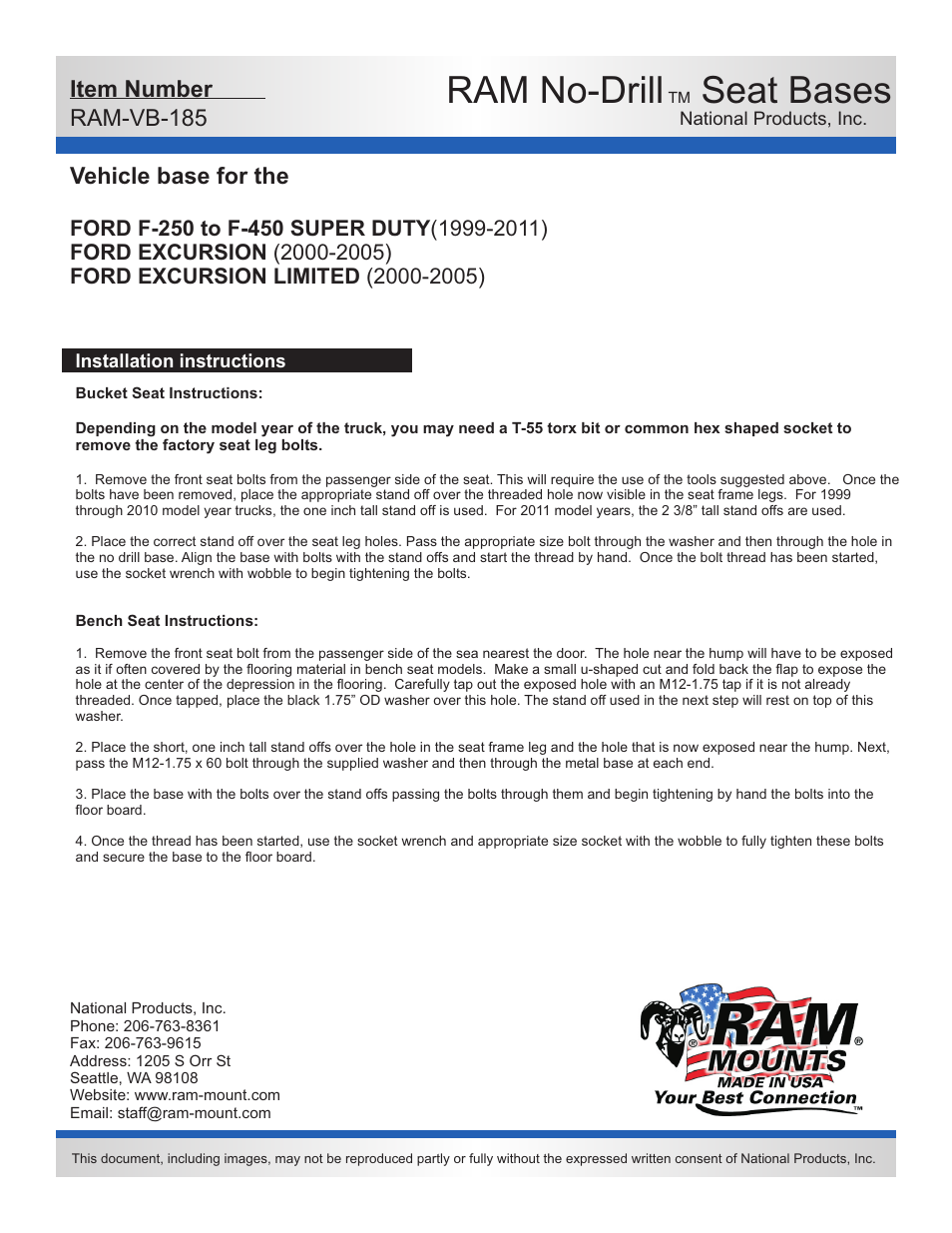 Ram no-drill, Seat bases, Vehicle base for the | Item number ram-vb-185 | Dee Zee RAM-VB-185-SW1 User Manual | Page 2 / 2