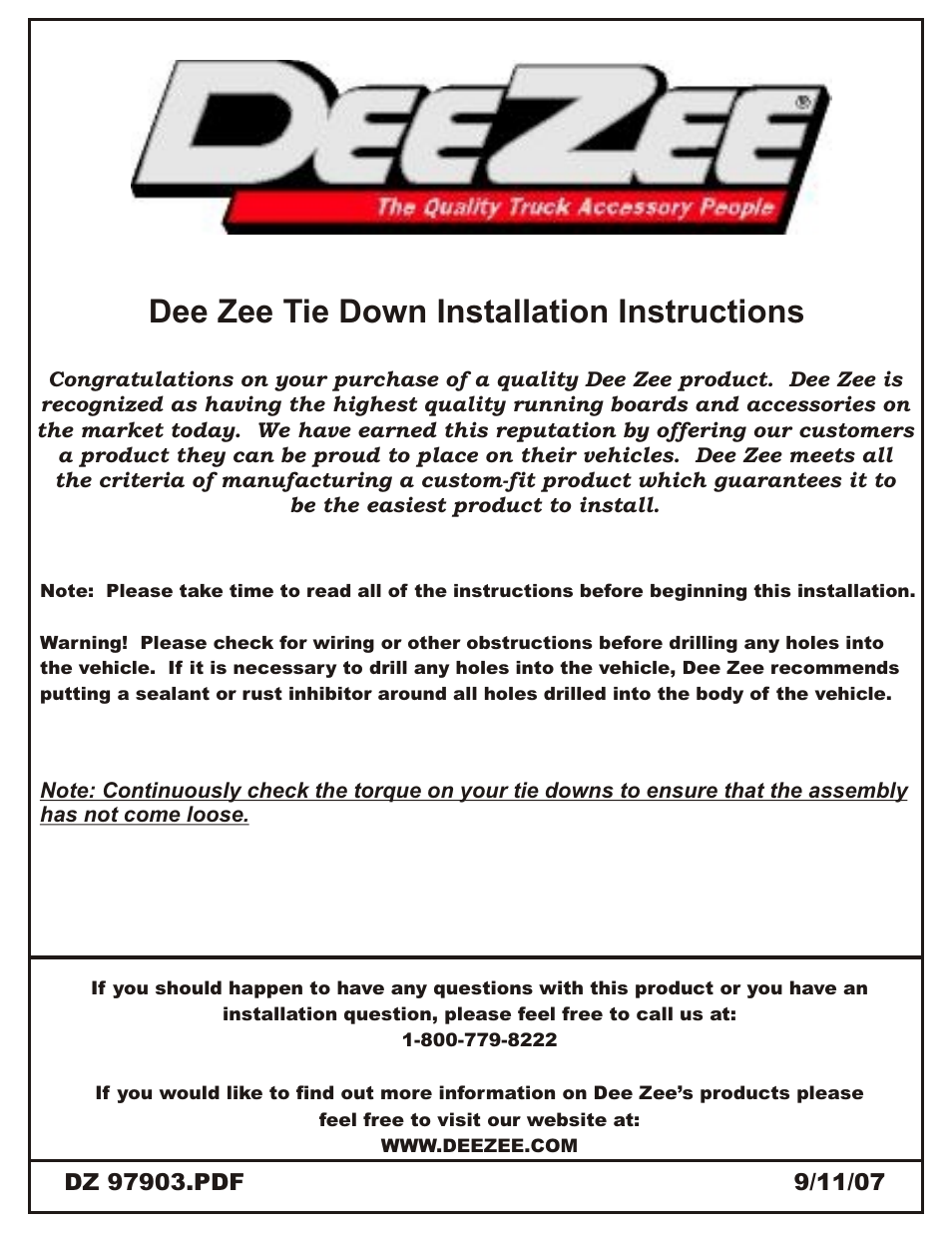 Dee zee tie down installation instructions | Dee Zee DZ97903 User Manual | Page 2 / 6