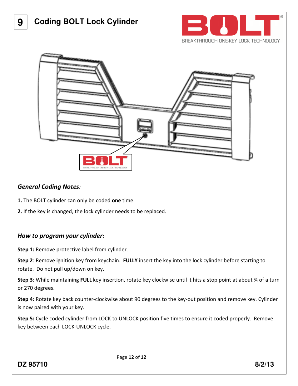 Coding bolt lock cylinder | Dee Zee DZ95710 User Manual | Page 12 / 12