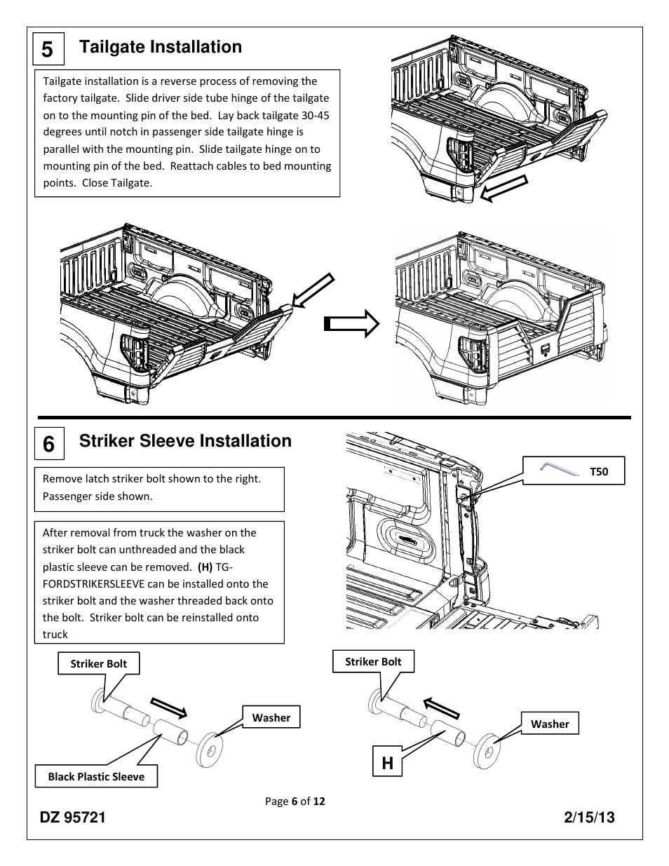 Tailgate installation, Striker sleeve installation | Dee Zee DZ95721 User Manual | Page 6 / 12