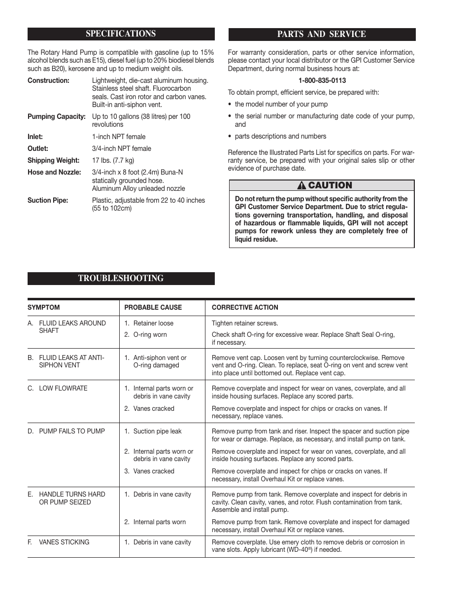 Parts and service, Troubleshooting, Specifications caution | Dee Zee 123000-06 User Manual | Page 2 / 4