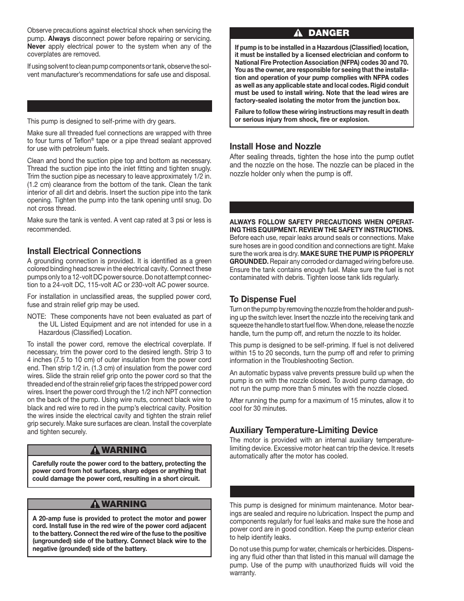 Install electrical connections, Operation install hose and nozzle, Auxiliary temperature-limiting device | Installation, Maintenance, Warning, Warning danger | Dee Zee 137100-01 User Manual | Page 2 / 4