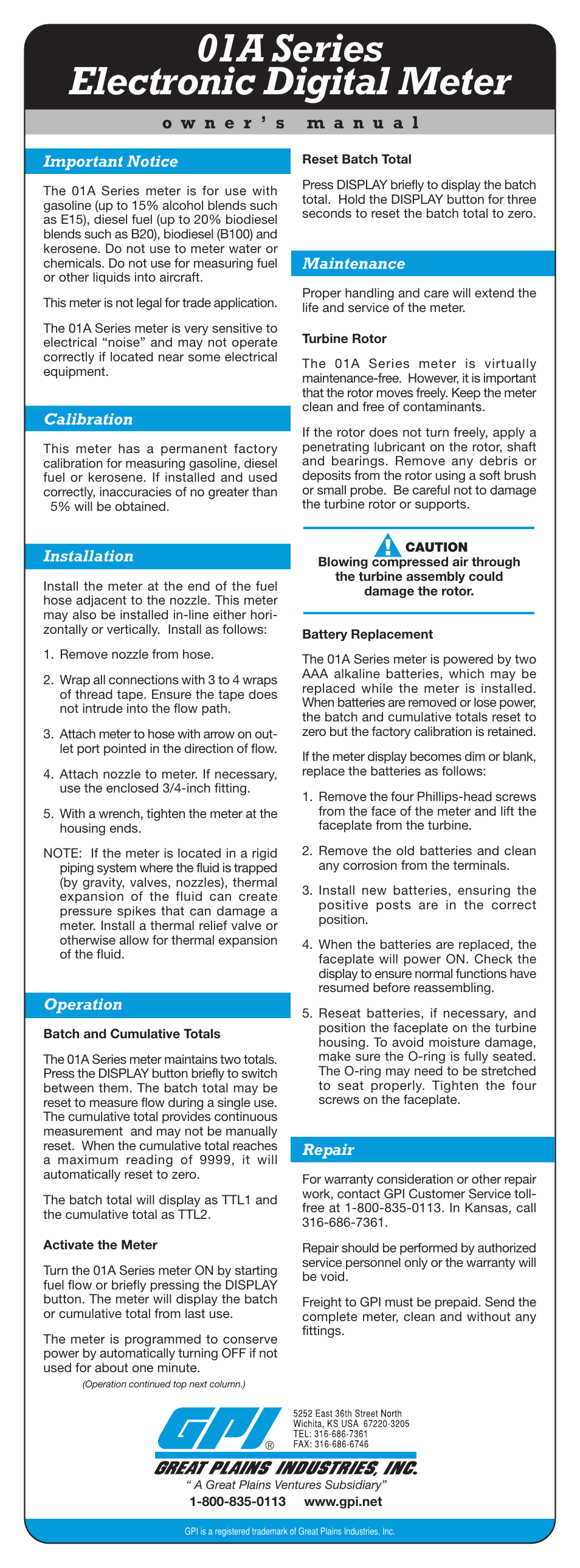 01a series electronic digital meter, Important notice, Calibration | Installation, Operation, Maintenance, Repair | Dee Zee 113255-1 User Manual | Page 10 / 10