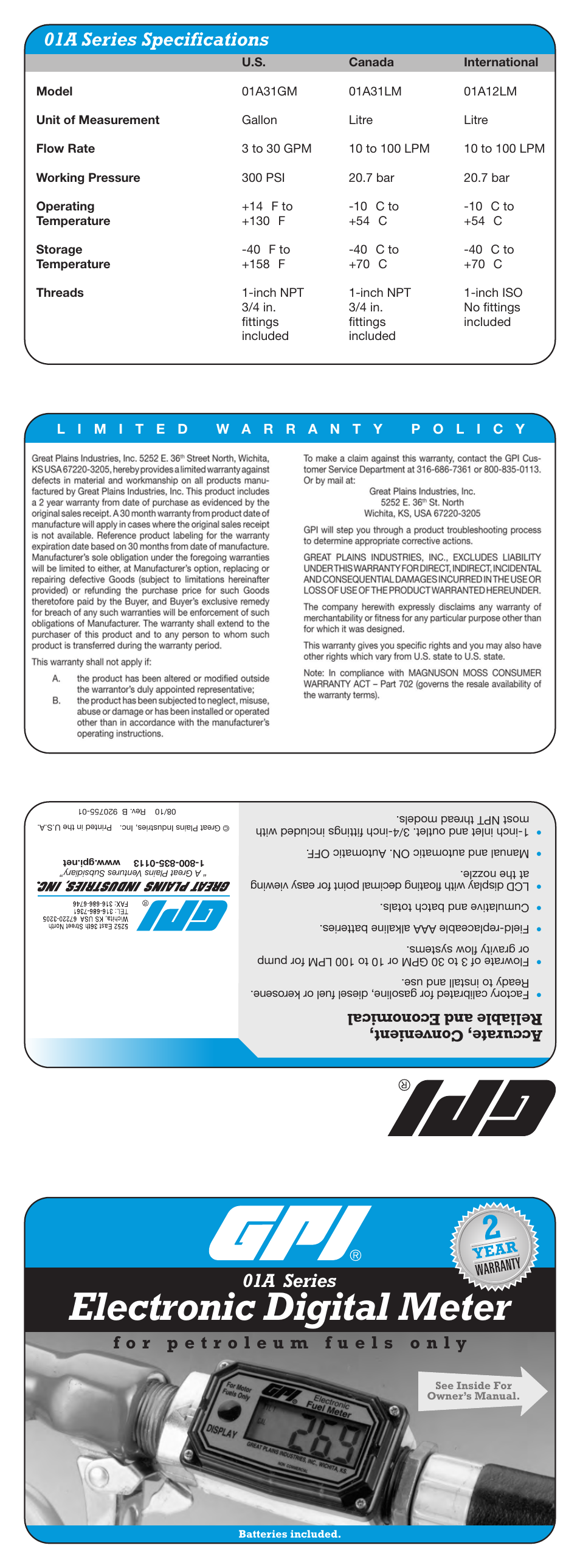 Electronic digital meter, 01a series, 01a series specifications | Trusted w orldwide, Accurate, con venient, reliable and economical | Dee Zee 113255-1 User Manual | Page 9 / 10