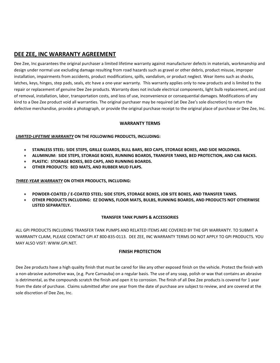 Dee zee, inc warranty agreement | Dee Zee DZ760088 User Manual | Page 7 / 8