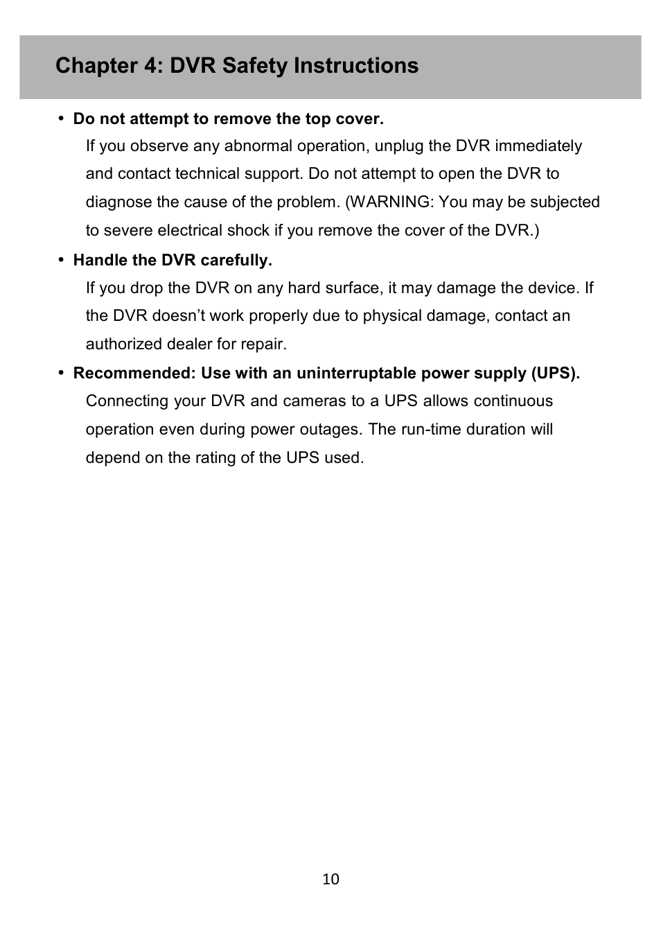 Chapter 4: dvr safety instructions | Night Owl PE-DVR4 user manual User Manual | Page 10 / 124