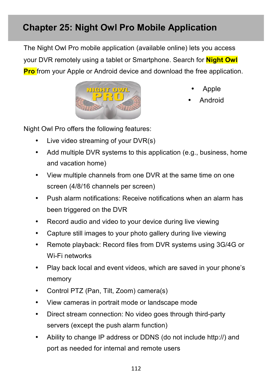Chapter 25: night owl pro mobile application | Night Owl PE-DVR4 user manual User Manual | Page 112 / 124