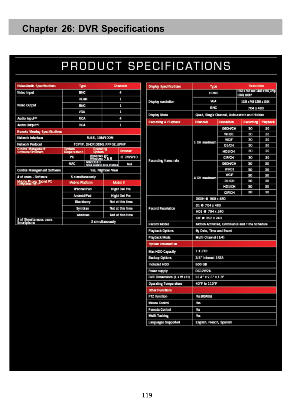 Chapter 26: dvr specifications | Night Owl PE-DVR4 user manual User Manual | Page 119 / 124