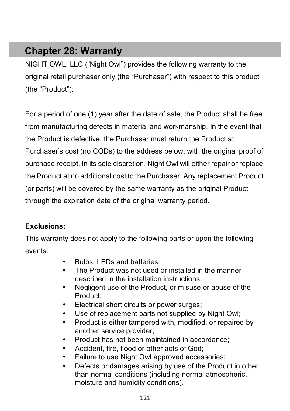 Chapter 28: warranty | Night Owl PE-DVR4 user manual User Manual | Page 121 / 124