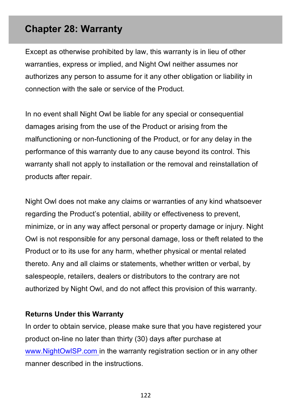 Chapter 28: warranty | Night Owl PE-DVR4 user manual User Manual | Page 122 / 124