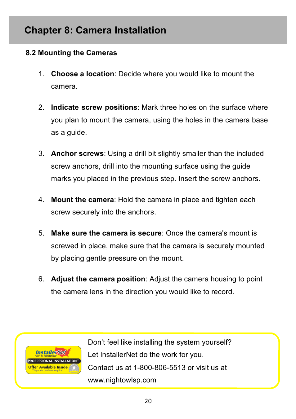 Chapter 8: camera installation | Night Owl PE-DVR4 user manual User Manual | Page 20 / 124