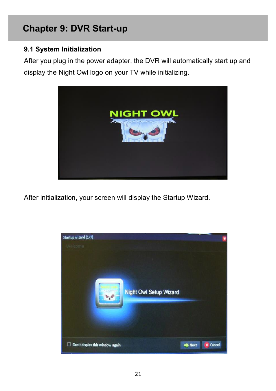Chapter 9: dvr start-up | Night Owl PE-DVR4 user manual User Manual | Page 21 / 124