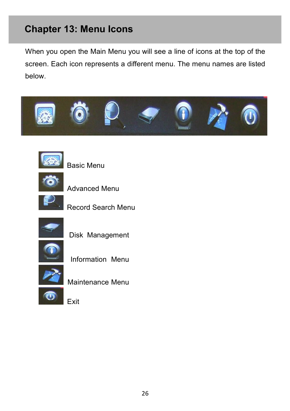 Chapter 13: menu icons | Night Owl PE-DVR4 user manual User Manual | Page 26 / 124