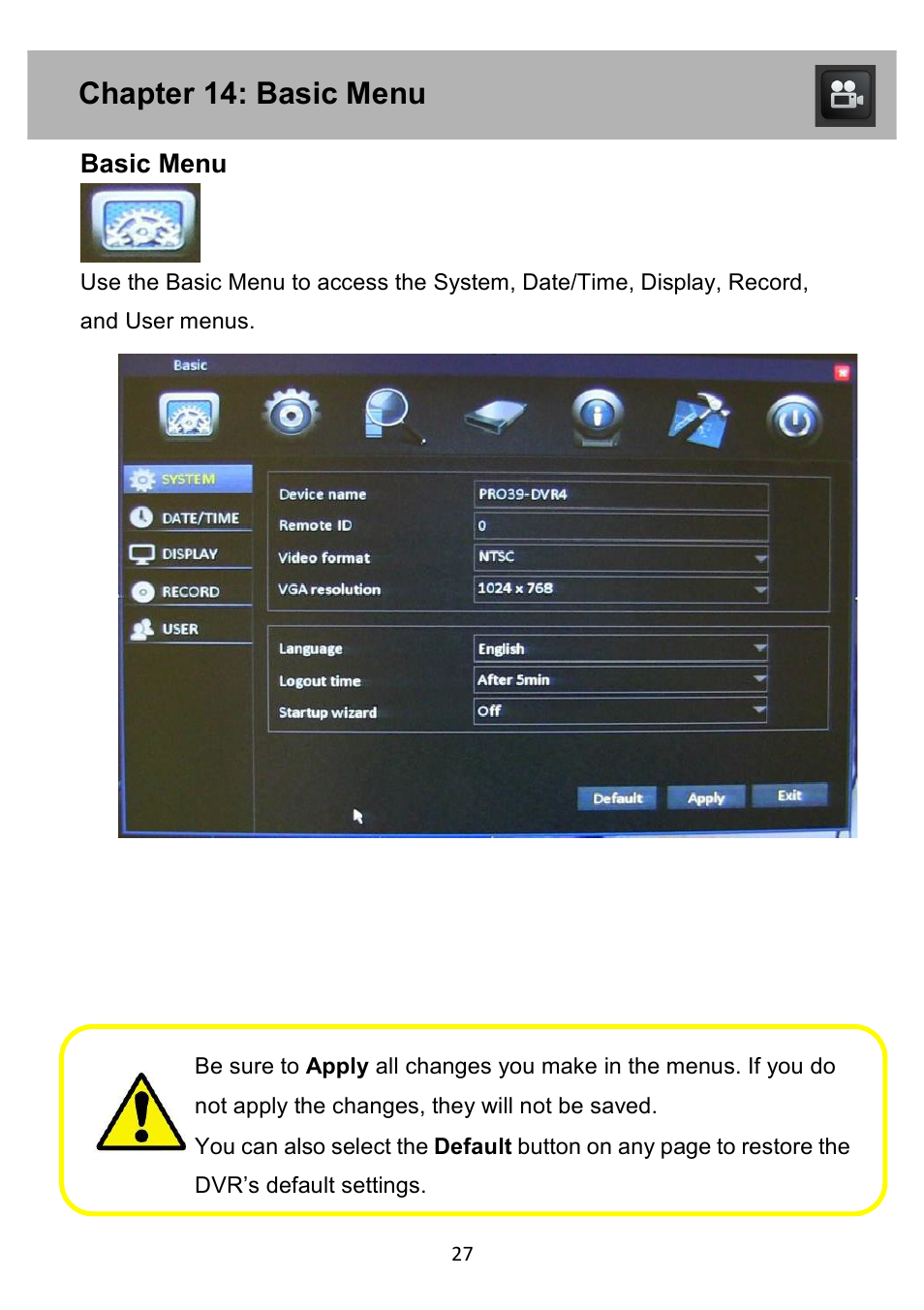 Chapter 14: basic menu, Basic menu | Night Owl PE-DVR4 user manual User Manual | Page 27 / 124