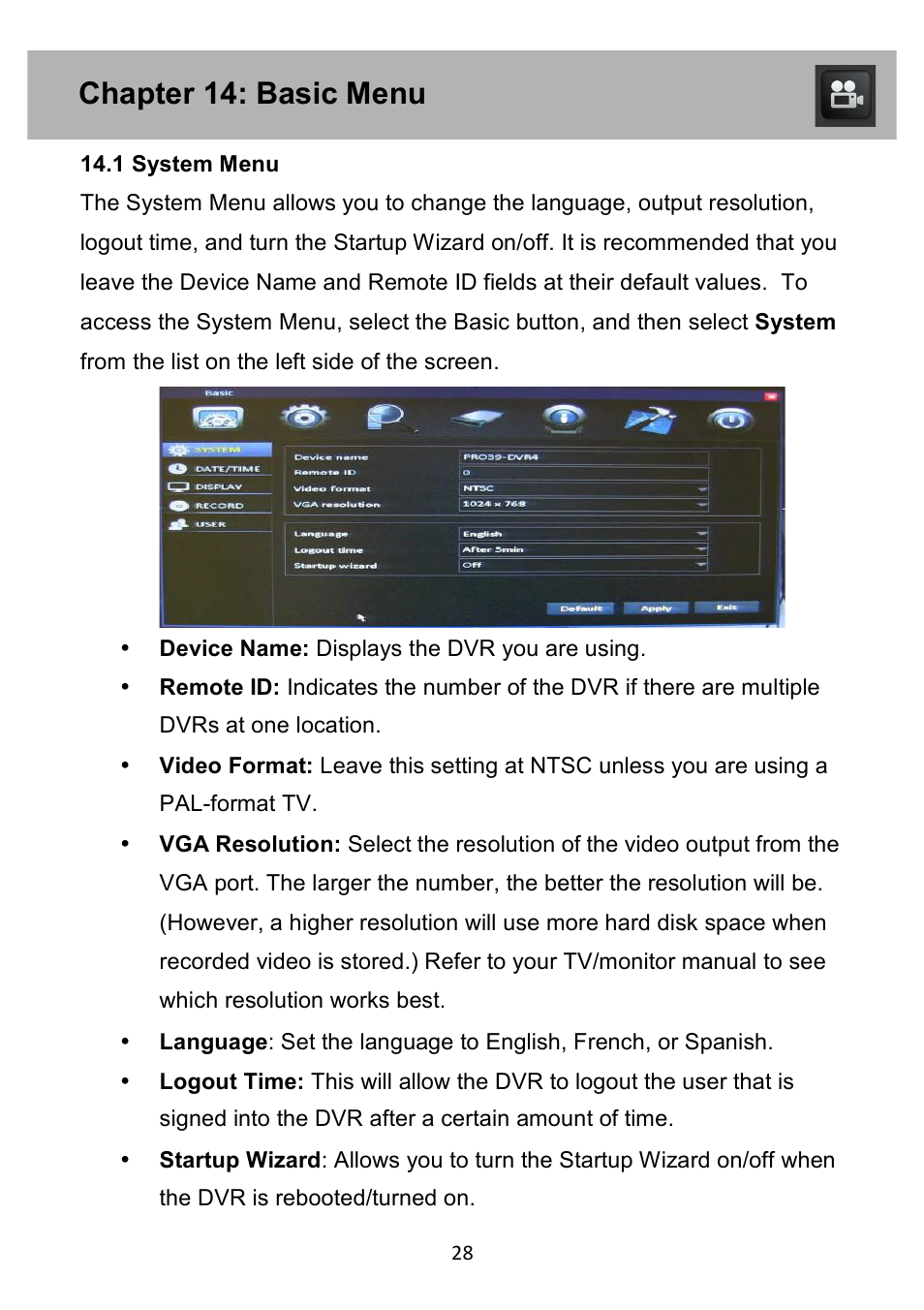 Chapter 14: basic menu | Night Owl PE-DVR4 user manual User Manual | Page 28 / 124