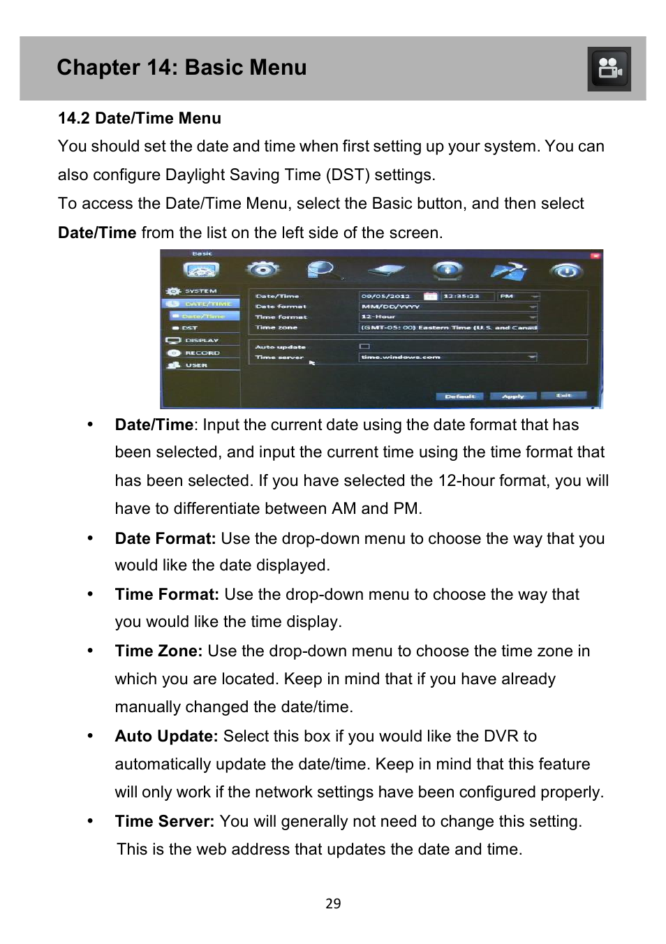 Chapter 14: basic menu | Night Owl PE-DVR4 user manual User Manual | Page 29 / 124