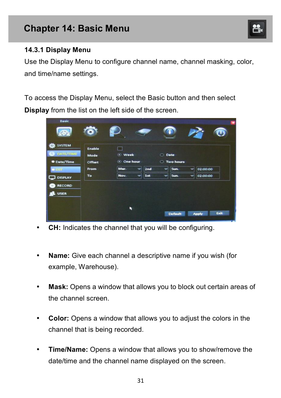 Chapter 14: basic menu | Night Owl PE-DVR4 user manual User Manual | Page 31 / 124