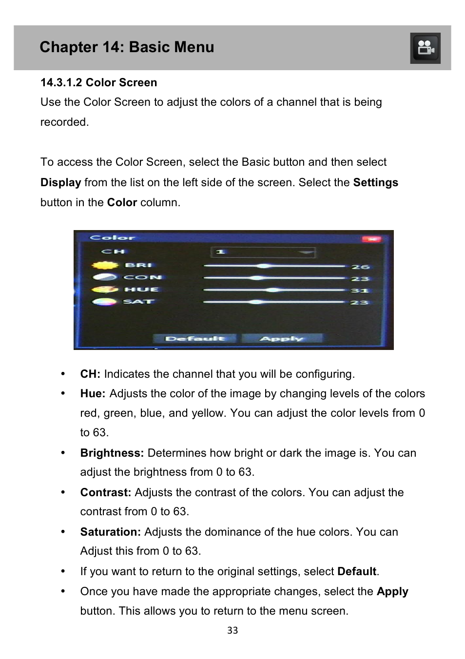 Chapter 14: basic menu | Night Owl PE-DVR4 user manual User Manual | Page 33 / 124