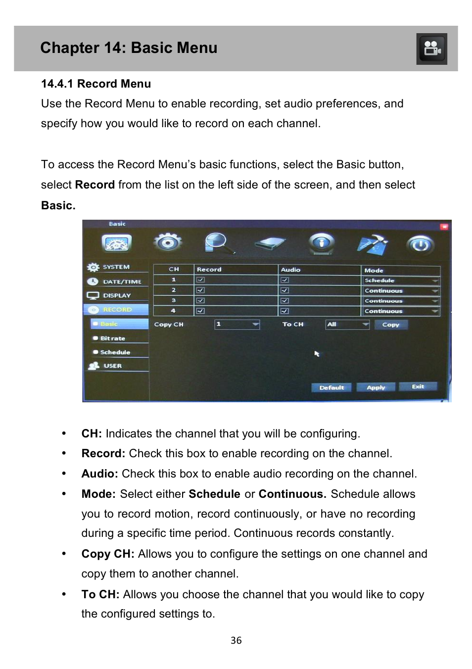 Chapter 14: basic menu | Night Owl PE-DVR4 user manual User Manual | Page 36 / 124