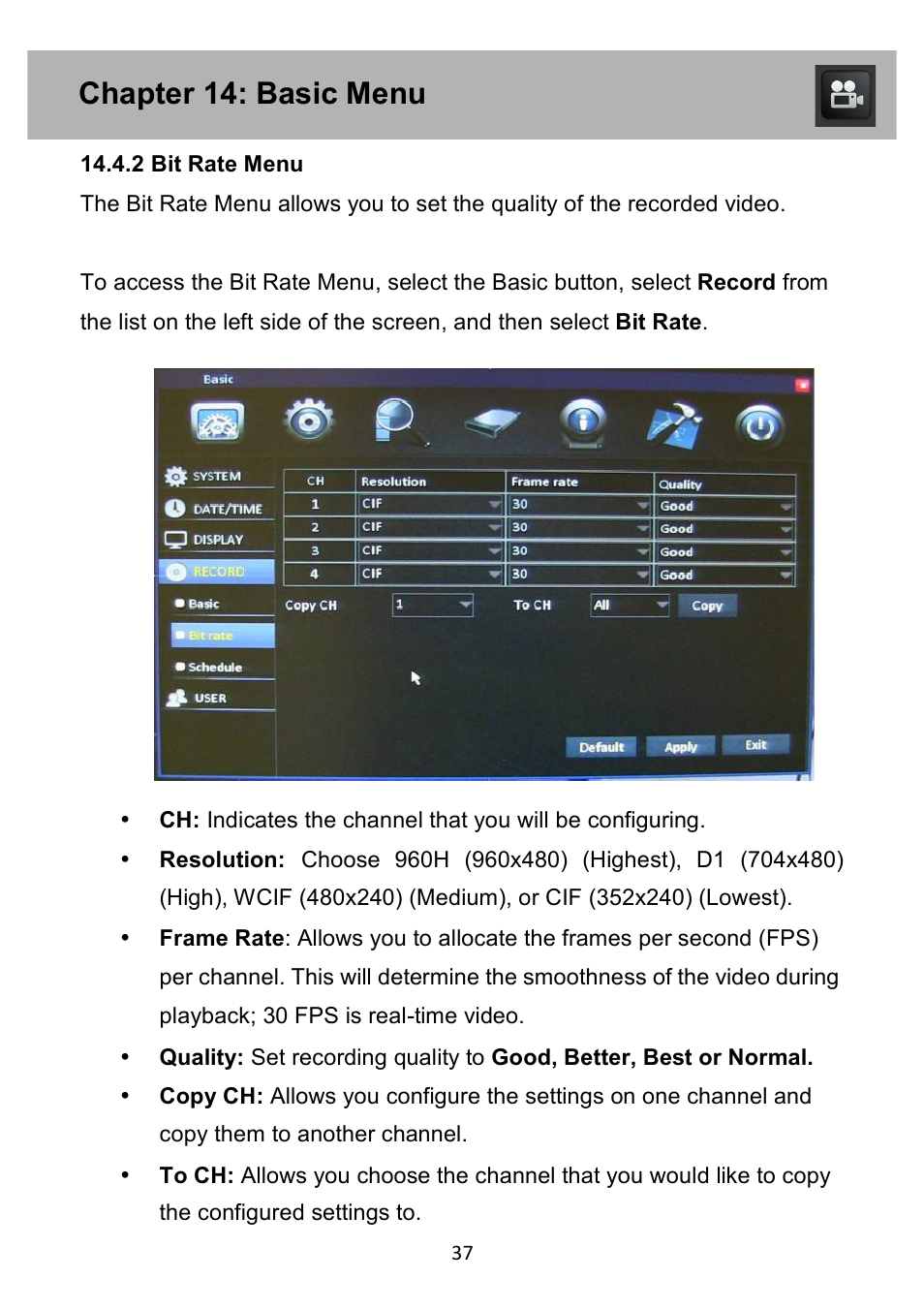 Chapter 14: basic menu | Night Owl PE-DVR4 user manual User Manual | Page 37 / 124