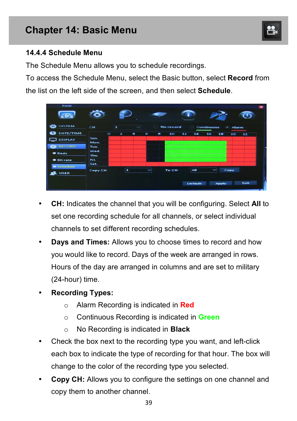 Chapter 14: basic menu | Night Owl PE-DVR4 user manual User Manual | Page 39 / 124