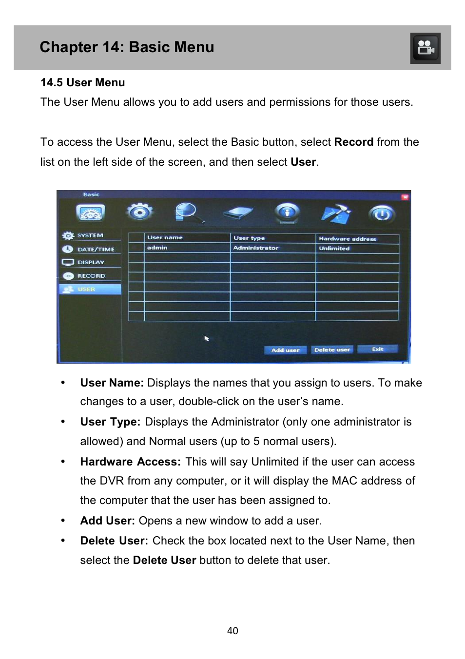 Chapter 14: basic menu | Night Owl PE-DVR4 user manual User Manual | Page 40 / 124