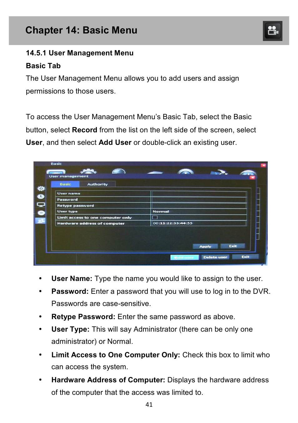 Chapter 14: basic menu | Night Owl PE-DVR4 user manual User Manual | Page 41 / 124