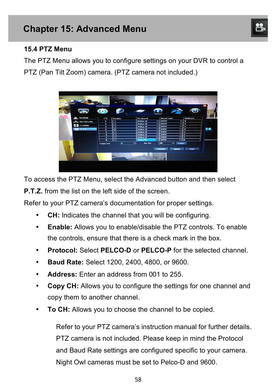 Chapter 15: advanced menu | Night Owl PE-DVR4 user manual User Manual | Page 58 / 124