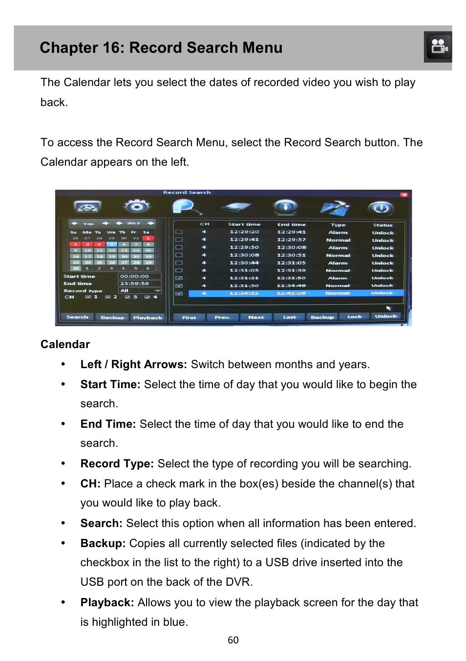 Chapter 16: record search menu | Night Owl PE-DVR4 user manual User Manual | Page 60 / 124