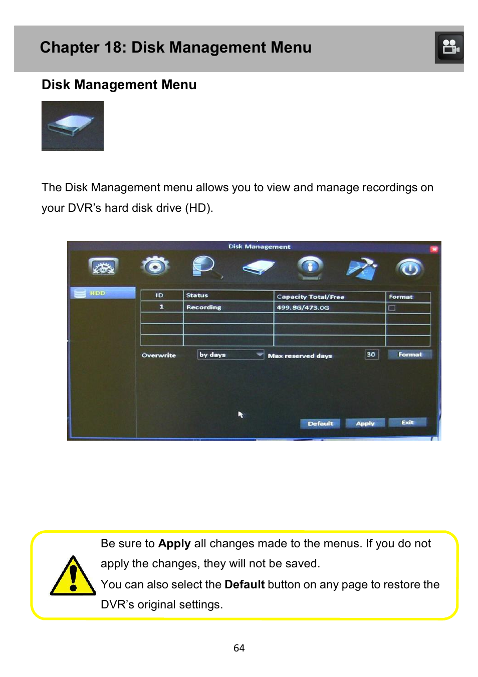 Chapter 16: record search menu, Chapter 18: disk management menu, Disk management menu | Night Owl PE-DVR4 user manual User Manual | Page 64 / 124