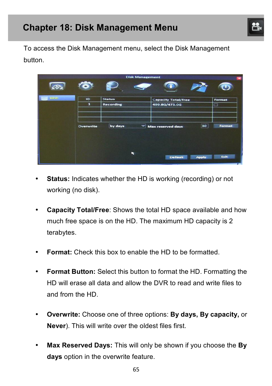 Chapter 16: record search menu, Chapter 18: disk management menu | Night Owl PE-DVR4 user manual User Manual | Page 65 / 124