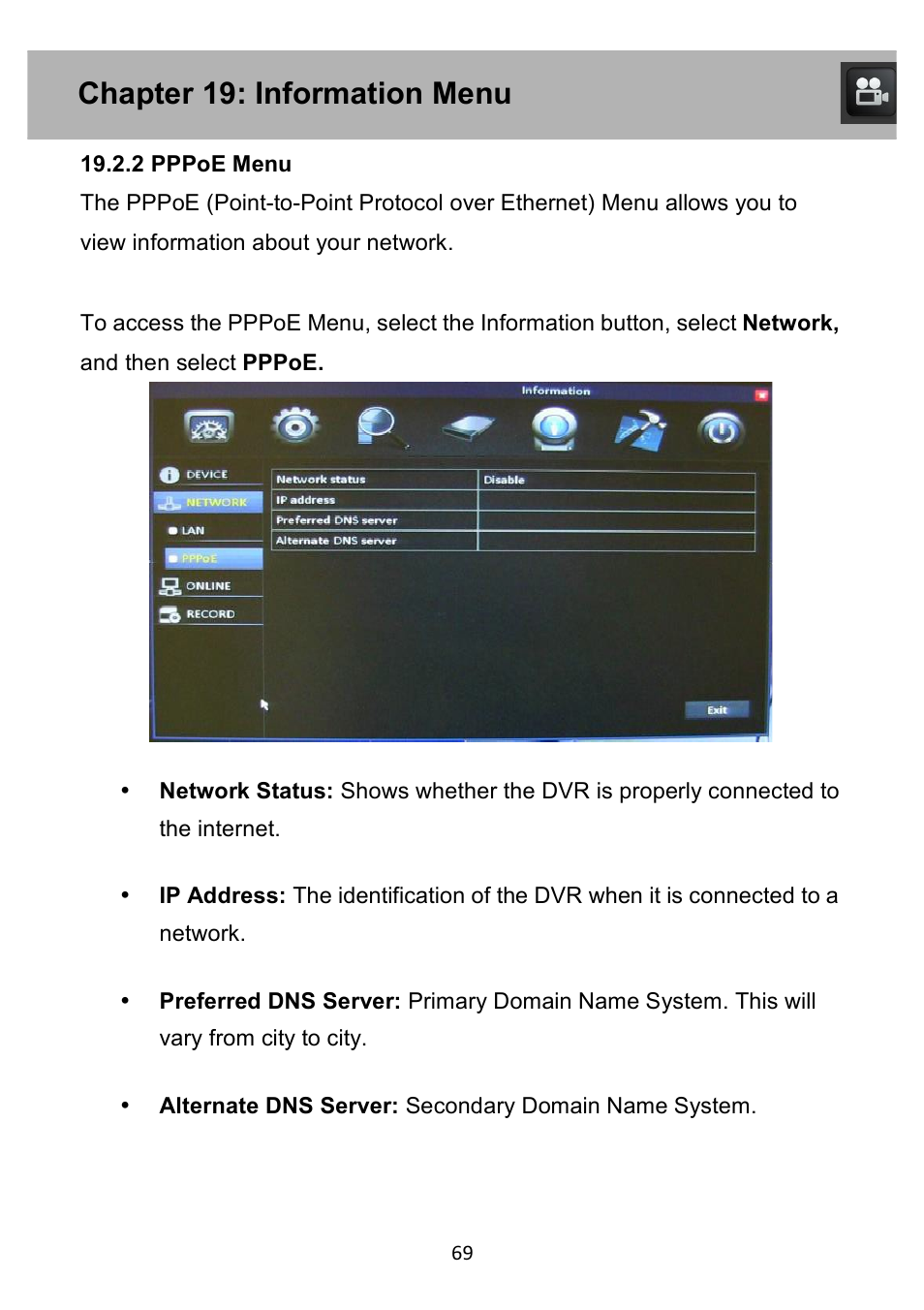 Chapter 19: information menu | Night Owl PE-DVR4 user manual User Manual | Page 69 / 124